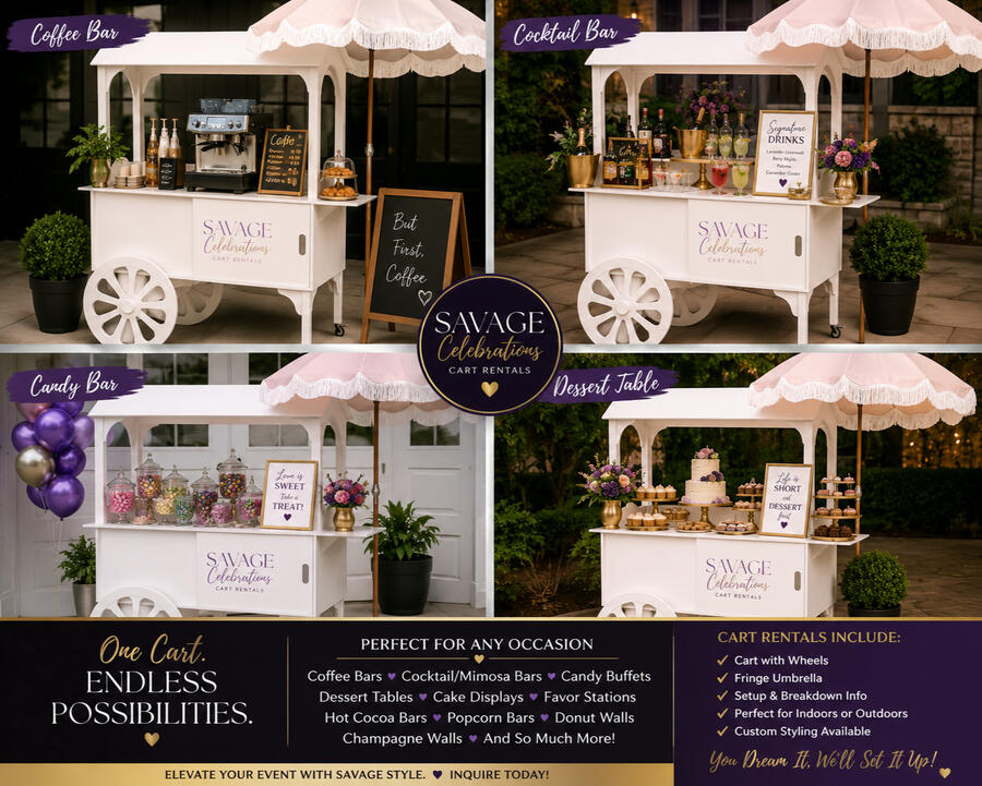 🥳SAVAGE CELEBRATIONS🍾 Beautiful Cart Rentals for Every Occasion Make your event unforgettable with our elegant white cart and fringe umbrella. Whether you're planning an intimate gathering or a large celebration, our cart creates the perfect centerpiece for your guests. Perfect